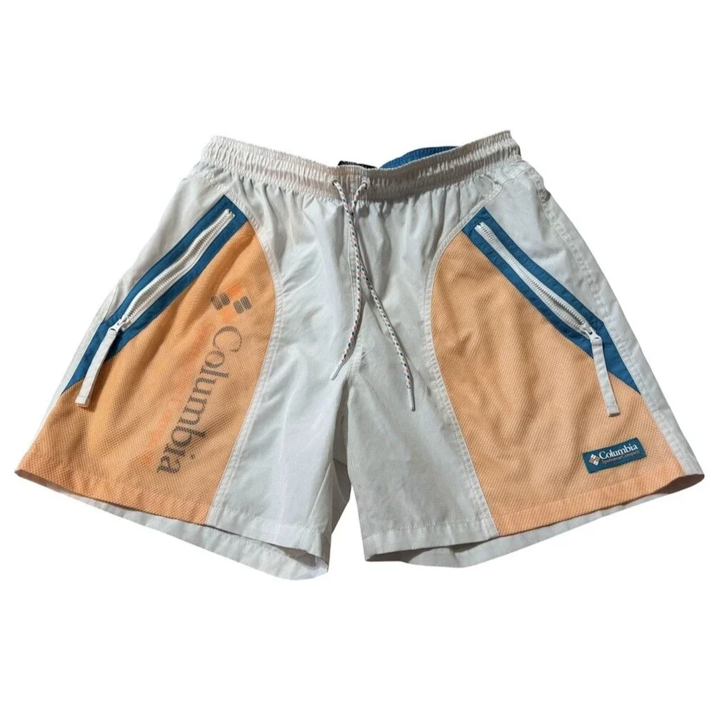 Columbia Mens Swim Trunks White Blue Orange Colorblock Mesh Shorts AM0370 Size M